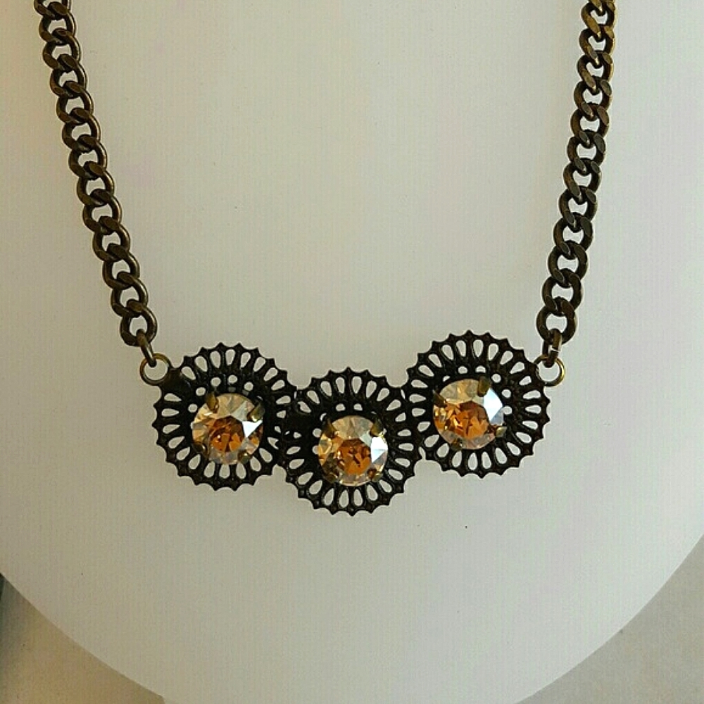 Designer NECKLACE / Swarovski Topaz Crystal/ Antique Brass finish